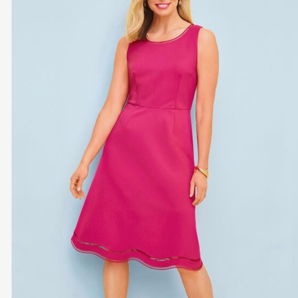 Talbots Hot Pink Ladder Trim Ponte Fit Flare Scalloped Sleeveless Dress Size 6